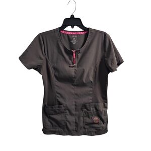 Koi Lite Serenity 4 Pocket Double Zipper Scrub Top Medium Slim Fit Brown Grey